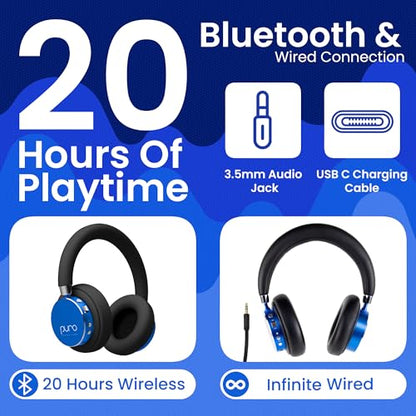 Puro Sound Labs Kids Wireless Headphones – Volume-Limiting 85dB, Built-In Mic, Studio-Grade Sound, 20-Hour Battery Life, Comfortable Fit & Easy to Connect Kids Bluetooth Headphones – BT2200 Plus, Blue - color: Blue