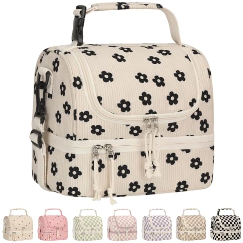 Vankor Corduroy Lunch Box Kids Insulated Lunch Bag Double Decker, Cute Leak-Proof Lunch Box for Boys Girls, Portable Cooler Lunch Bag Thermal Lunch Tote for School Picnic Travel, Black Floral - color: Black Floral