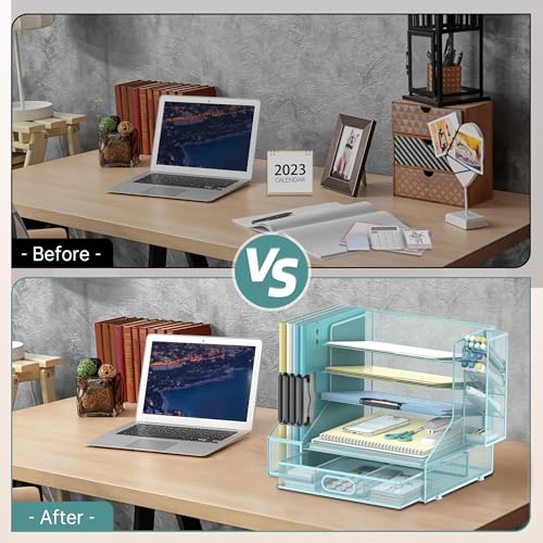 5-Tier Desk Organizer with File Holder & Pen Holder & Sliding Drawer, Blue | Mesh Metal Paper Letter Tray for Papers, Mail, Office Supplies, and Desk Accessories - color: Blue