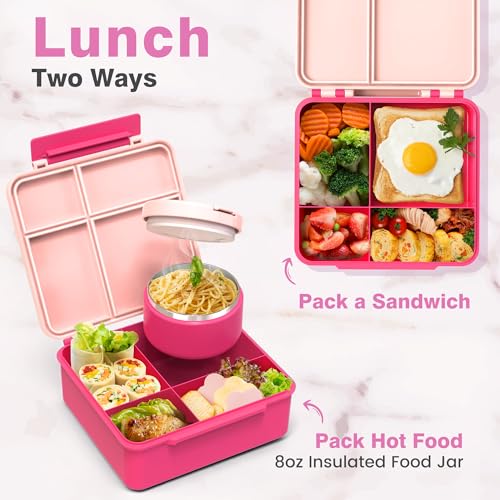 HOMEKOL Bento Lunch Box Set for Kids, Pink | with Stainless Steel Insulated Food Jar, Plastic Water Bottle, Bag and Silicone Spoon and Fork for Boys Girls - color: Pink