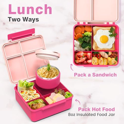 HOMEKOL Bento Lunch Box Set for Kids, Pink | with Stainless Steel Insulated Food Jar, Plastic Water Bottle, Bag and Silicone Spoon and Fork for Boys Girls - color: Pink