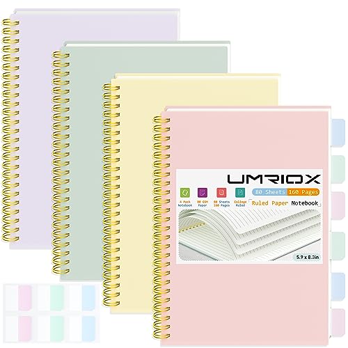 Umriox Small Spiral Notebook, 4 Pack 5.9" x 8.3" College Ruled Notebook, A5 Lined Notebook with Sticky Notes, Double-Wire Spiral Journal for Work, School - size: 5.9 x 8.3 in, style: Ruled