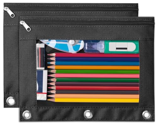 Forvencer 2 Pack Pocket for 3 Ring Binder Black, Large Pencil Case Pouch with 3 Reinforced Grommets, Pen Bag, Clear Window Pencil Case, Binder Accessories, Black - color: Black, size: 2 Pack