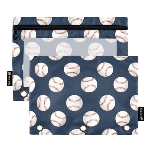 Baseball Pencil Pouches for 3 Ring Binder, Zipper Binder Pencil Case, 2 Pack Clear Window Case Bag for Office Organizers - color: Baseball 1