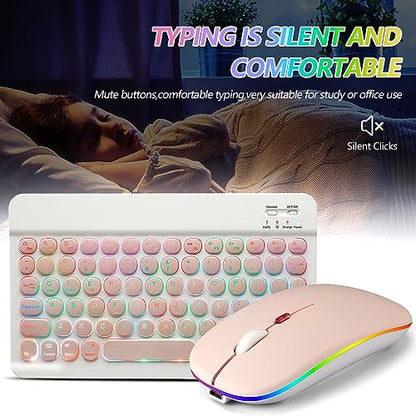 Bluetooth Keyboard and Mouse Combo for iPad - Rechargeable Wireless Keyboard & Mouse with 7-Color Backlit Compatible with iPad 9th/8th Gen, iPad Pro/Air/Mini, iPhone14/13/12 Pro, Round Keys Pink - color: pink