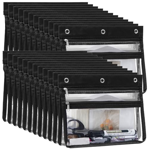 YoeeJob 24 Pack Zipper Pencil Pouches for 3 Ring Binder, 1.5 Inch Expandable with 2 Pockets and Clear Window for School and Office （Black） - color: Black, size: 24 Packs
