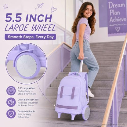 gxtvo Large Wheels & Quiet Glide | Rolling School Backpack for Women & Girls - Water-Resistant Wheeled Bag with Lunch Box for Office, Travel & College - Purple - color: Rolling Backpack Reflective Purple