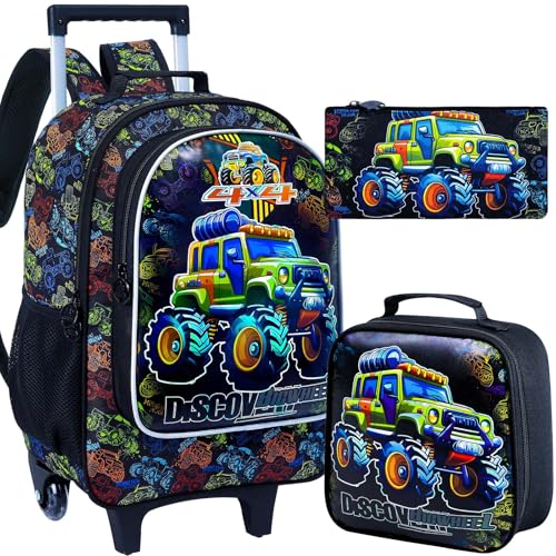 AGSDON 3PCS Rolling Backpack for Girls and Boys, Kids Roller Wheels Bookbag, Wheeled Elementary School Bag with Lunch Bag - color: Truck Roll