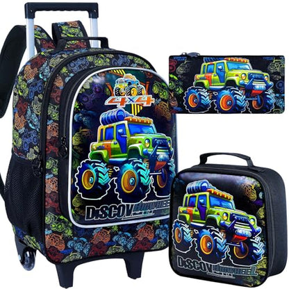 AGSDON 3PCS Rolling Backpack for Girls and Boys, Kids Roller Wheels Bookbag, Wheeled Elementary School Bag with Lunch Bag - color: Truck Roll
