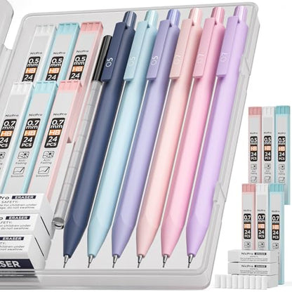 Nicpro Cute Mechanical Pencils Set, 6PCS Pastel 0.5 & 0.7mm Pencils with 6 Tubes HB Leads, Erasers & Refills, Aesthetic School Supplies for Girls, Preppy Stationery Gift for Writing Drawing Sketching - style: 0.5mm + 0.7mm