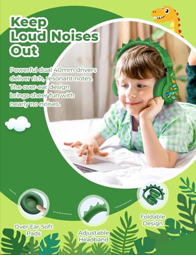 iClever BTH12 Kids Bluetooth Headphones,Colorful LED Lights Wireless Kids Headphones,74/85dBA Safe Volume,85H Playtime,Bluetooth 5.2,Over Ear Dinosaur Headphone Built-in Mic for iPad/Tablet/Airplane - color: C-Green
