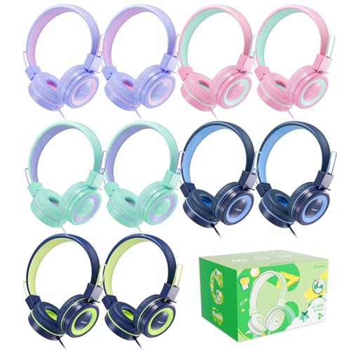 iClever Kids Wired Headphones Bulk 10-Pack for School K-12 & Teachers, Bending Resistance Durable, 94dBA Safe Volume, Stereo Sound 3.5mm Jack Headphones with Cord for Kids Boys Girls Student/Tablets - color: Colorful 10PACK