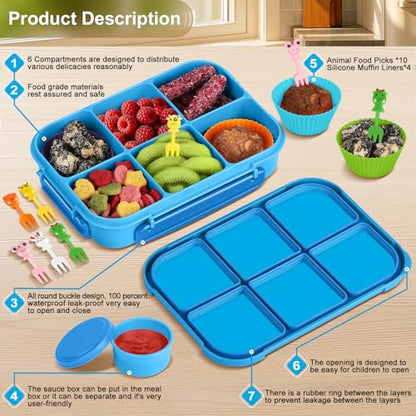 Amathley Lunch Box Kids Girls Boys,Bento Box Adult,Toddler Lunch Containers for School,Leakproof Snack Containers with 6 Compartments,Sauce Container,10 Food Picks and 4 Muffin Cups (Blue) - color: Blue