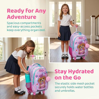 Kids Rolling Backpack for Girls Plush Material Dog Trolley Suitcases Luggage with Wheels Bookbag Wheeled 3pcs on Lunch Box Pencil Case Elementary Teenagers Pink for Girls Age 5-12 - color: Pink-0130-maoronggou