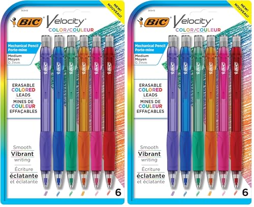 BIC Velocity Mechanical Pencils with Colored Leads, Medium Point (0.7 mm), Perfect for Drawing and Journaling (MV7CP61-AST), 6 Count (Pack of 2) - color: 0.7mm Colored Lead Pencils, size: 6 Count (Pack of 2)