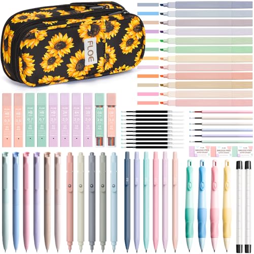 65PCS Aesthetic School Supplies Back to School Supplies Cute Stationary Set | College Essentials Kit with Pencil Case, Pastel Highlighters Gel Pens Mechanical Pencil Set 0.5 0.7 & 2.0mm for Student Girls - color: Sunflower