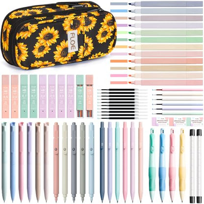65PCS Aesthetic School Supplies Back to School Supplies Cute Stationary Set | College Essentials Kit with Pencil Case, Pastel Highlighters Gel Pens Mechanical Pencil Set 0.5 0.7 & 2.0mm for Student Girls - color: Sunflower