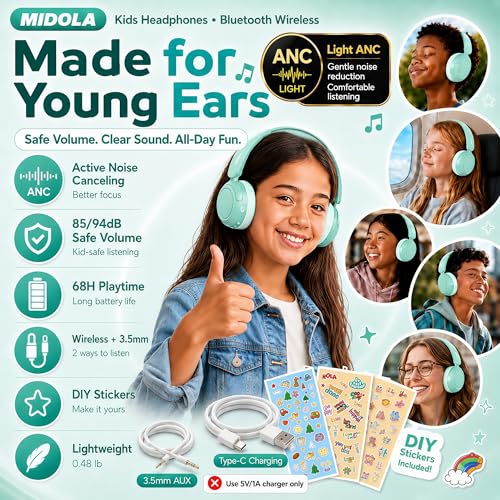 MIDOLA Kids Bluetooth Headphones Active Noise Cancelling Lightweight Wireless Headphone for Kid Volume Limited 85/94dB Foldable Over-Ear Headset with Mic,68 Hours Playtime,for Toddler Child Green - color: Mint Green