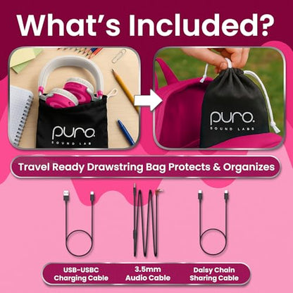 Puro Sound Labs JuniorJam Plus Volume-Limiting Wireless Bluetooth Headphones for Kids, Secure Audio with Adjustable On-Ear Design, 22-Hour Battery Life, Ideal for Tablets, Smartphones & PCs - Pink - color: Pink