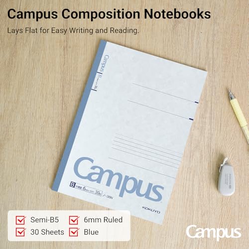KOKUYO Campus Composition Notebook, 7 x 10 inch Lined Notebooks with 30 Sheets 6mm Ruled Paper, 10 Pack B5 Blue Notebook for School and Work, School Supplies Comp Book for Journal Diary - color: Blue