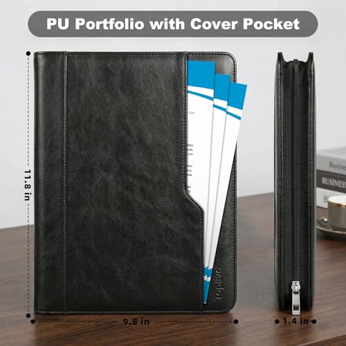 Zippered Padfolio with 3-Ring Binder & Clipboard, PU Leather Portfolio Organizer for Men Women, A4 Document Holder with Phone Pocket Pen Loops Card Slots, Professional Business Interview Folder Black - color: Black