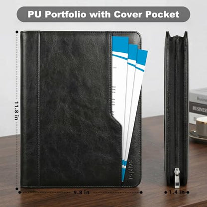 Zippered Padfolio with 3-Ring Binder & Clipboard, PU Leather Portfolio Organizer for Men Women, A4 Document Holder with Phone Pocket Pen Loops Card Slots, Professional Business Interview Folder Black - color: Black