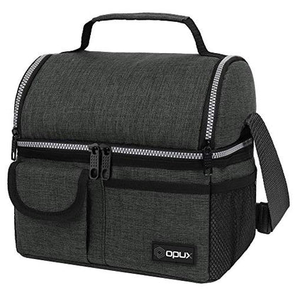 opux Insulated Lunch Bag Women Men, Dual Compartment Leakproof Lunch Box Adults Kids, Double Decker Meal Prep Bento Lunch Cooler Tote with Shoulder Strap for Work Office School Travel, Dark Gray - color: Heather Charcoal