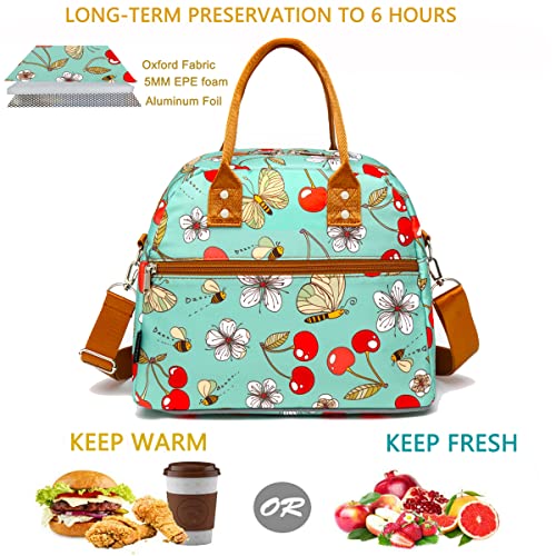 FlowFly Insulated Lunch Bag With Shoulder Strap for Women, Men, and Kids, Large and Reusable, Handle, Freezable Work and School Travel Tote and Meal Prep Organizer,Turquoise Cherry - color: Turquoise Cherry
