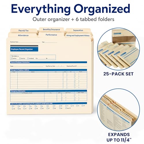 ComplyRight Expanded Employee Record Organizer and 6 Folder Sets | Pack of 25, 9-1/2" x 12” x 1-1/4”, Document Filing Folder for Businesses, Employee Management Documentation Office Supplies - style: 6-Folder Set