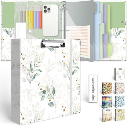 3 Ring Binder 2 Inch, Three Ring Binders Organizer with Clipboard, 5-Tabs Pockets Dividers, Plastic Folder, 18 Divider Stikers, KLLVE Cute Binder with Pen Loop (Leaves, Letter Size) - color: Leaves, size: 2in（Letter Size）