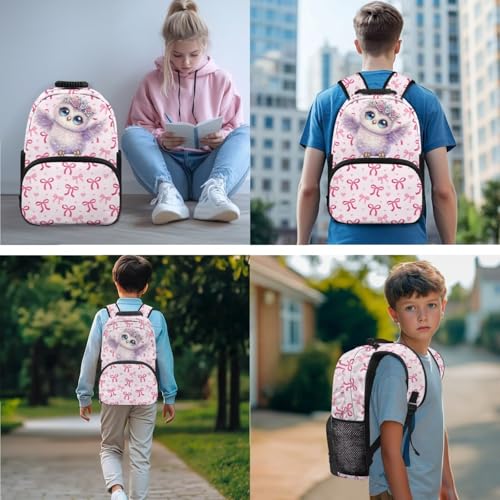 17 inch Backpack for Kids,Owl Large Capacity Bookbag with Lunch Box Pencil Case Set Rucksack Satchel School Bags 3 In 1 Set School Supplies for Girls - color: Pink Bows-owl