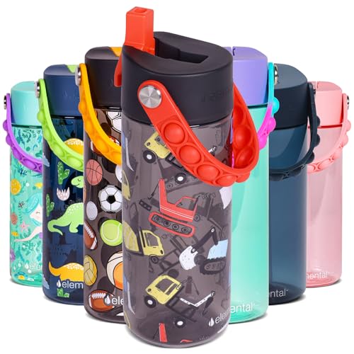 Elemental Water Bottles for Kids - Splash Kids Water Bottle for School with Pop-it Handle - BPA Free Tritan Plastic Water Bottle with Straw Leak Proof when Spout is Closed - Construction - 18oz - color: Construction