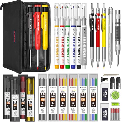 Nicpro 39 Pack Carpenter Pencils with Sharpener, Mechanical Carpenter Pencil Set with 102 Refills, Long Nib Marker Pens, Carbide Scribe Tool & Construction Pencils for Architect Woodworking with Case - size: 39 Pack