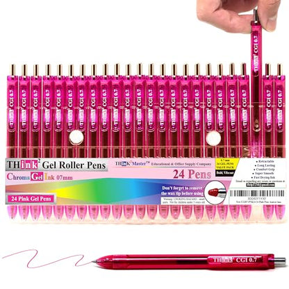 [24 Pens - Pink Ink] Think2 0.7mm CGI Retractable Gel Pens. (24 Pink) Medium Point Rollerball Pens with Smooth Quick Drying Ink. - color: Pink
