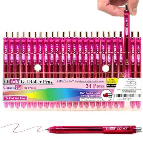 [24 Pens - Pink Ink] Think2 0.7mm CGI Retractable Gel Pens. (24 Pink) Medium Point Rollerball Pens with Smooth Quick Drying Ink. - color: Pink