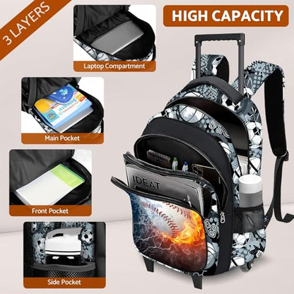 Boys Rolling Backpack for Kids - Baseball Kids Rolling Backpack with Wheels for Elementary Middle School Students - Sport Roller School Bookbag Aged 6-18, Wheeled Travel Bag Large Capacity - color: Baseball-001-backpack Only