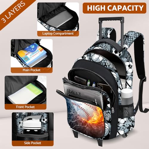 Boys Rolling Backpack for Kids - Baseball Kids Rolling Backpack with Wheels for Elementary Middle School Students - Sport Roller School Bookbag Aged 6-18, Wheeled Travel Bag Large Capacity - color: Baseball-001-backpack Only