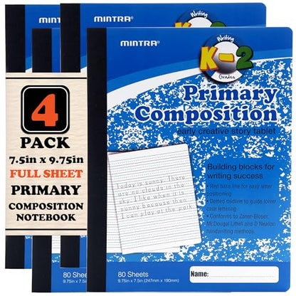 Mintra Primary Composition Notebook, 4 Pack, Blue Cover, 80 Sheets, 7.5in x 9.75in, Full Sheet, Ruled with Drawing Area, Flexible Hardcover Journal, Grades K-2, School & Home Use - color: Primary Ruled - Blue Only - Full Sheet, size: 4 Pack