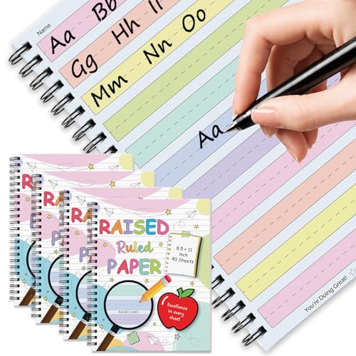 4 Pack Colored Raised Line Handwriting Paper Spiral Bound 8.3x11 Inch Raised Lined Notebook Writing Practice Writing Paper Practice with ADHD 0.63In Sensory Line Dysgraphia Pad for Students