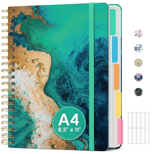 Large Lined Spiral Journal for Women Cute Hardcover 5 Subject Notebook for Work 8.5" x 11" with Removable Dividers & Tabs, College Ruled, 280 Pages Aesthetic Journal for Work, School & Note Taking, Emerald Shores - color: B - Emerald Shores
