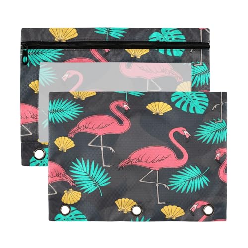 Blueangle Flamingo and Palm Leaves Pencil Pouch for 3 Ring Binder, 2 Pack Clear Window Zipper Pencil Bags for Office