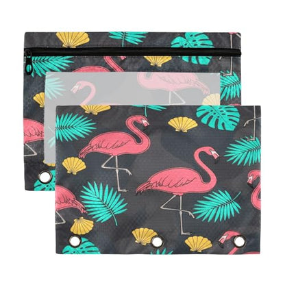 Blueangle Flamingo and Palm Leaves Pencil Pouch for 3 Ring Binder, 2 Pack Clear Window Zipper Pencil Bags for Office