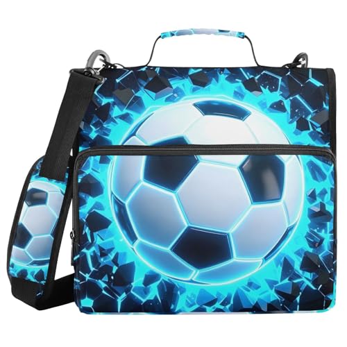 3D Soccer Football Blue 3 Ring Binder Bag 1.5 inch Binder Organizer with Zipper Shoulder Strap 500 Sheet Documents Storage for School Office - color: A001, size: 13.6 x 12.4 x 3.5 in