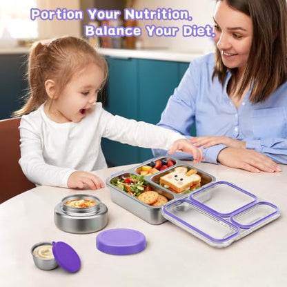 Pawtong Stainless Steel Bento Box Kids Adult with 7oz Insulated Food Jar, Transparent Lid Metal Lunch Box With Soup Thermal Jar, Lunch Box Container with Removable Divider & Sauce Cup School (Purple) - color: Purple