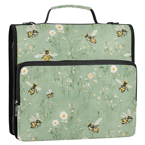 Sweet Bees Sage Green Sturdy Zipper Binder with Handle Easy to Carry 1.5 Inch 3 Rings Pencil Bags Portfolio Binder Stationery Organizer Supplies - color: Sweet Bees Sage Green
