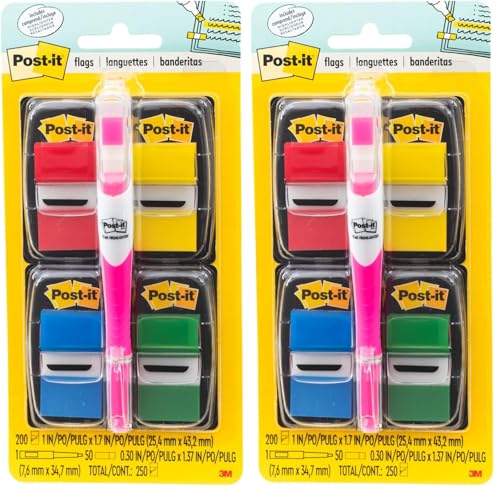 Post-it Flags Value Pack, 50/Dispenser, 4 Dispensers/Pack, 1 in Wide, Assorted Colors, Includes Free Flags + Highlighter (680-RYBGVA) (Pack of 2) - size: 200 Flags with Highlighter (Pack of 2)