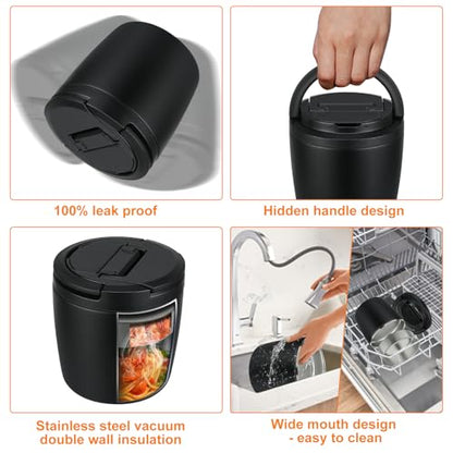wiwens 40oz Insulated Lunch Containers for Adults Soup Thermo for Hot Food | Leak Proof Wide Mouth Vacuum Stainless Steel Thermal Jar Bento Box with Buckle Lid and Spoon - color: Black