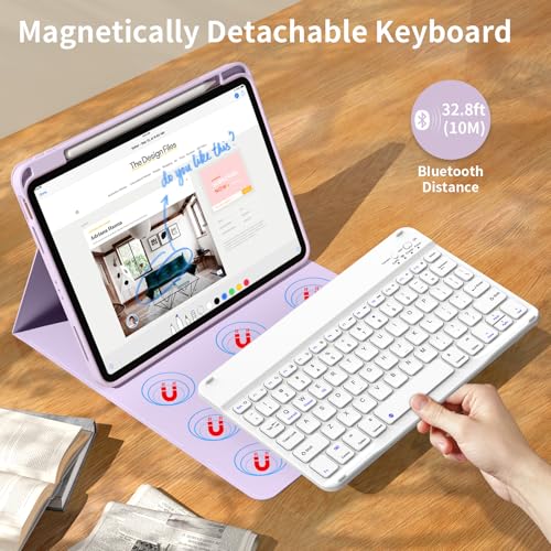 kenke for iPad 11/10th Gen Case with Keyboard 11/10.9 inch 2025 A16/2022, Detachable Wireless Bluetooth Keyboard Case with Bulit-in Pencil Holder, White Square Keycaps (Purple) - color: Taro