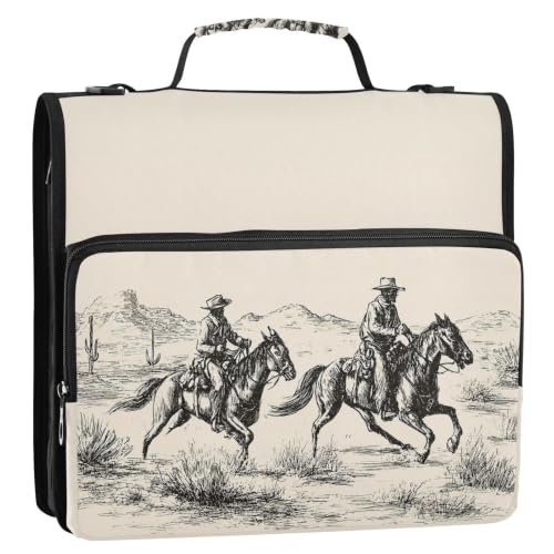 Western 3 Ring Zipper Binder Bag with Shoulder Strap for School | 2 Inch 3 Ring, Secure Zippered Closure, Organizer Pockets for Classification, Heavy Duty File Organizer - color: Western Cowboy