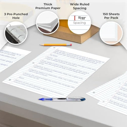 Rosmonde Loose Leaf Paper, 450 Sheets, 3 Pack, Wide Ruled Sheets, 8" x 10.5", Bulk Notebook Paper, 3 Hole Punched, 150 Sheets/Pack, Wide Ruled Paper for Binders, Loose Leaf Office Paper, White - color: Wide Ruled, size: 3 Pack (450 Sheets)
